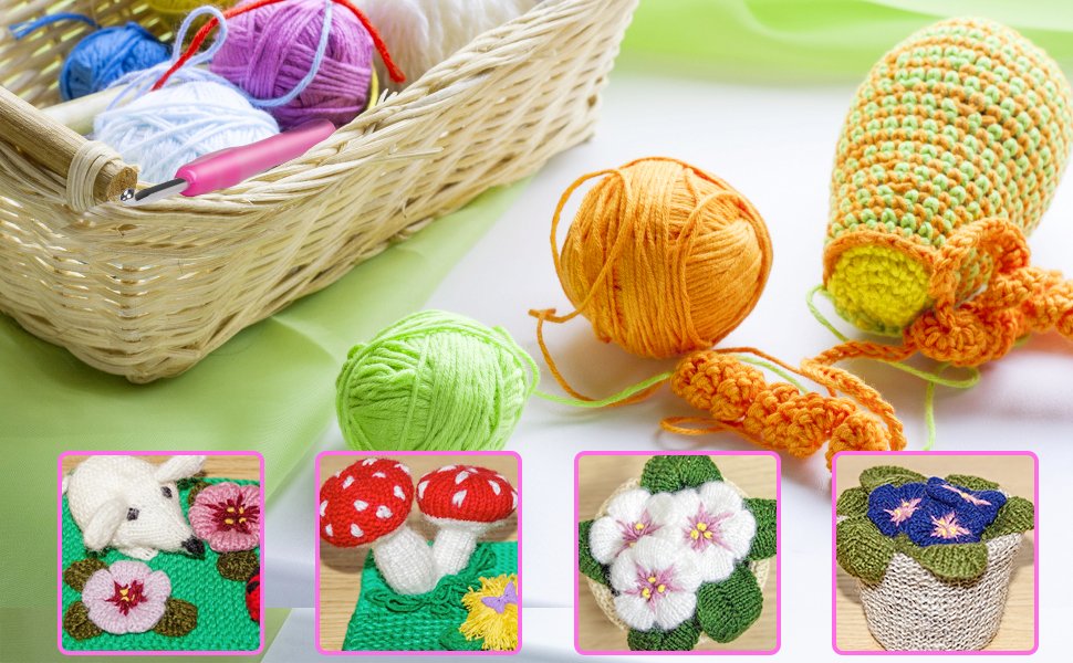 Crochet supplies including yarn balls and a basket with hooks, plus four small embroidered craft examples.