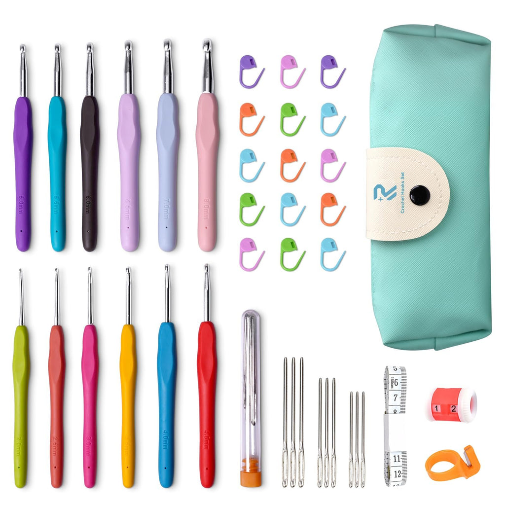 Crochet hook set with ergonomic handles, stitch markers, needles, tape measure, and storage case.
