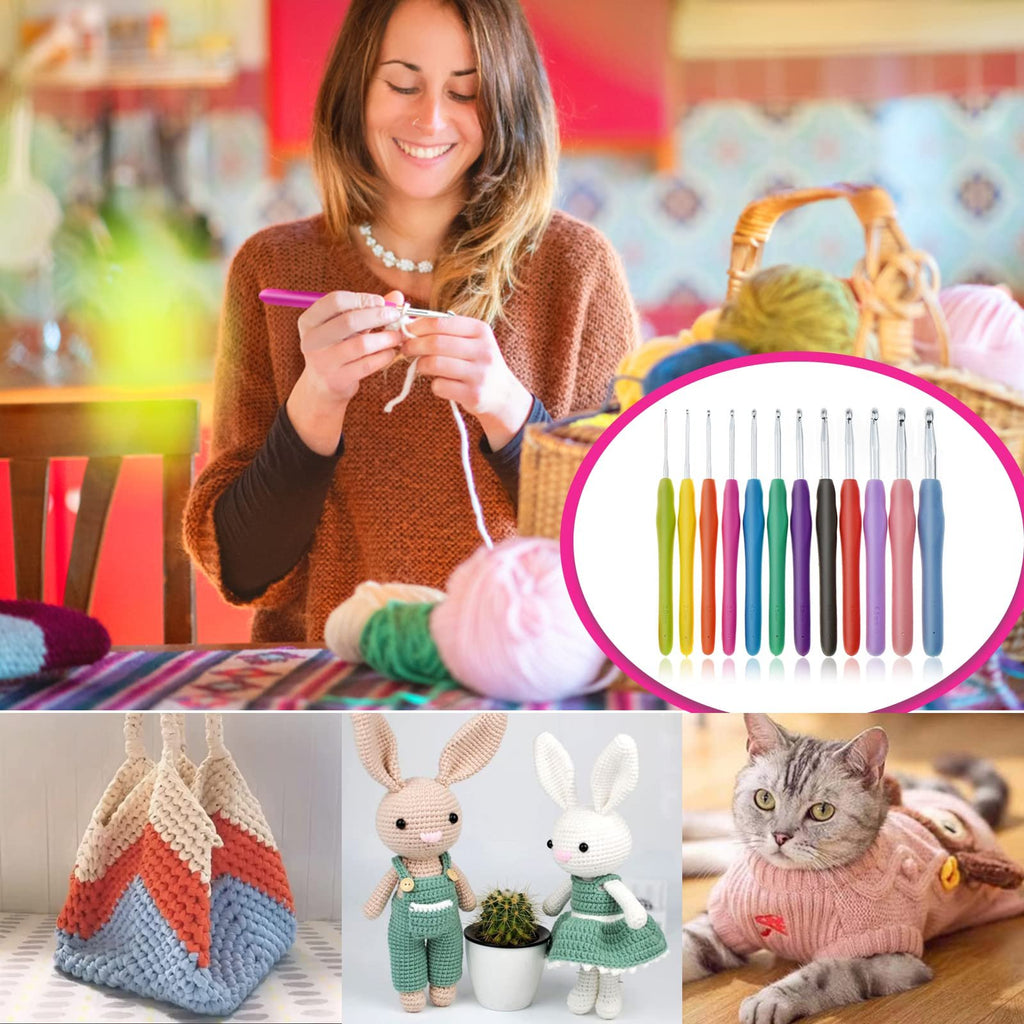 Collage of crochet items: woman crocheting, set of colorful crochet hooks, knitted bag, stuffed bunnies, and a cat in a sweater.
