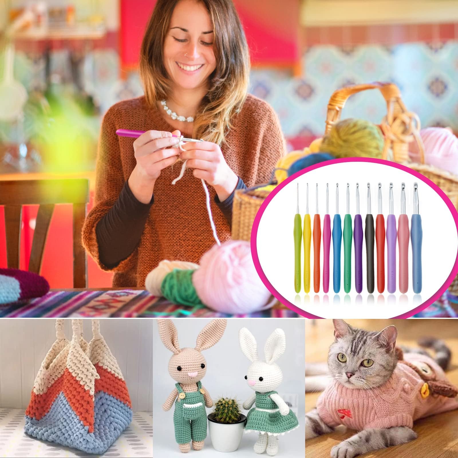 Collage of crochet items: woman crocheting, set of colorful crochet hooks, knitted bag, stuffed bunnies, and a cat in a sweater.
