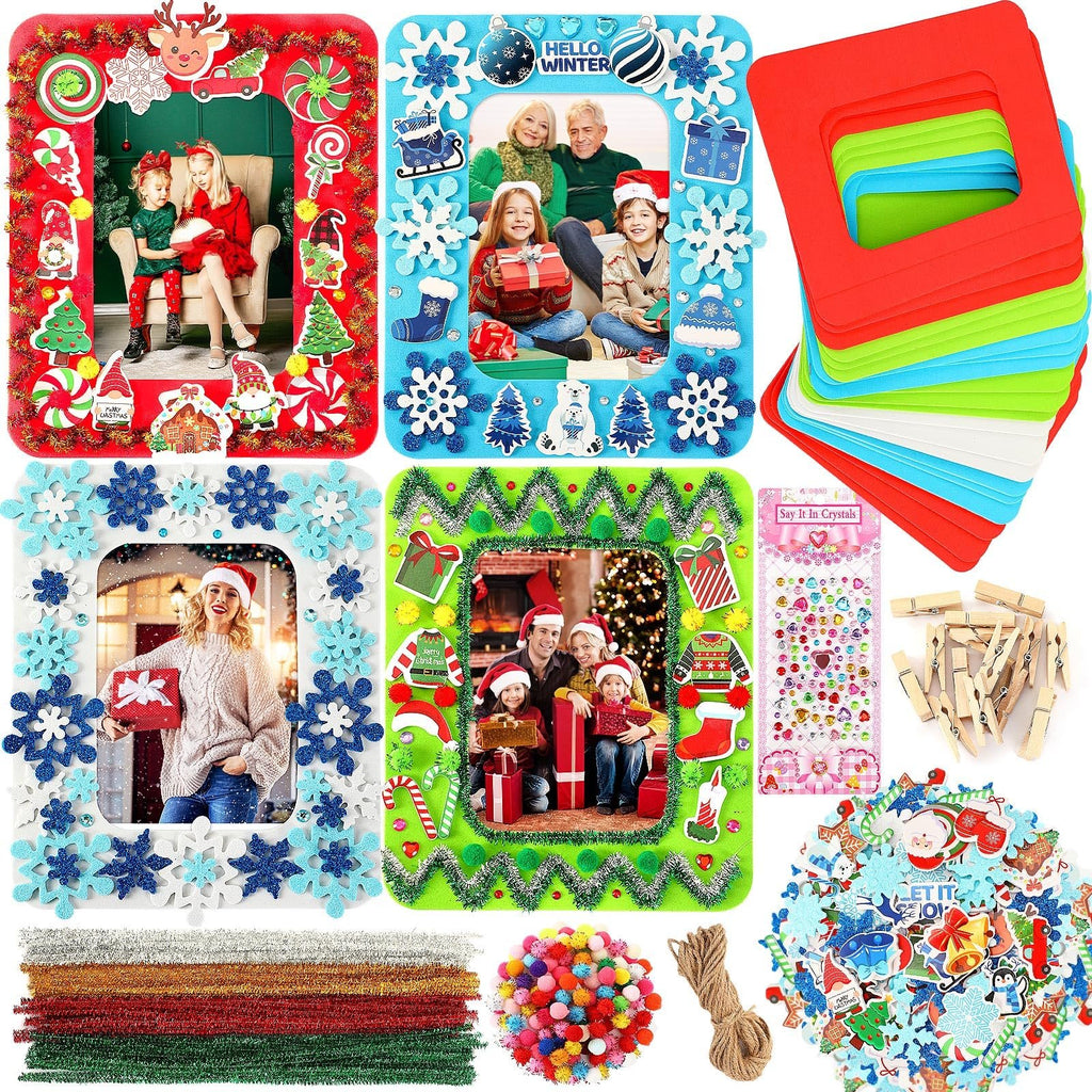 Christmas foam picture frame craft kit contents including frames, stickers, pom-poms, pipe cleaners, and twine.
