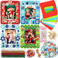 Christmas foam picture frame craft kit contents including frames, stickers, pom-poms, pipe cleaners, and twine.