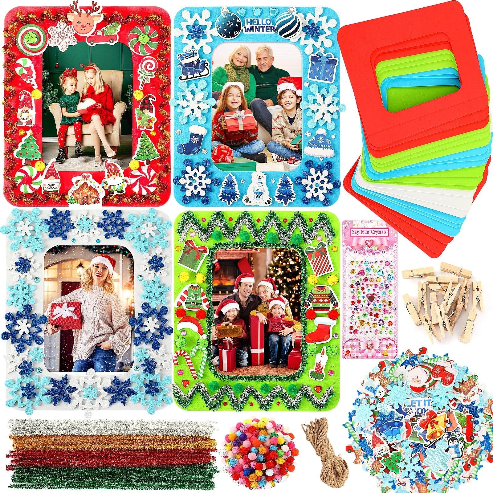 Christmas foam picture frame craft kit contents including frames, stickers, pom-poms, pipe cleaners, and twine.