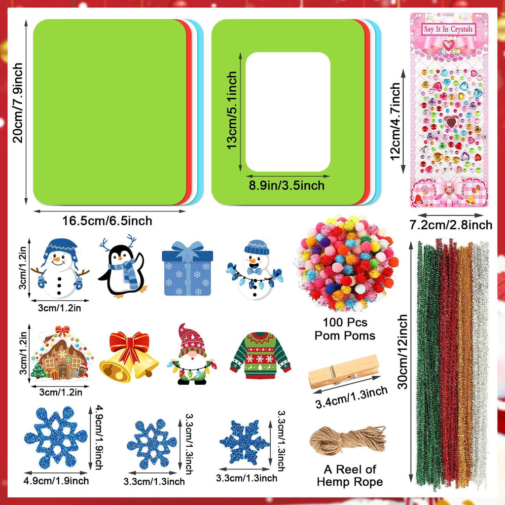 Christmas foam picture frame craft kit contents including foam sheets, pom poms, stickers, and rope.