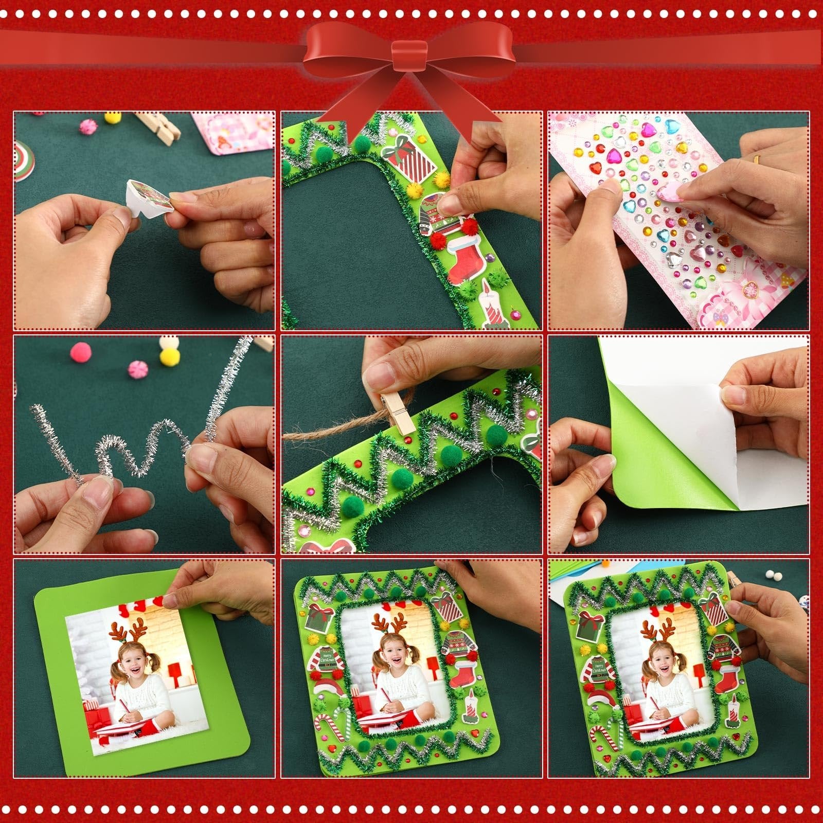 Collage showing steps to create a Christmas foam picture frame craft kit for kids, including applying stickers and decorations.