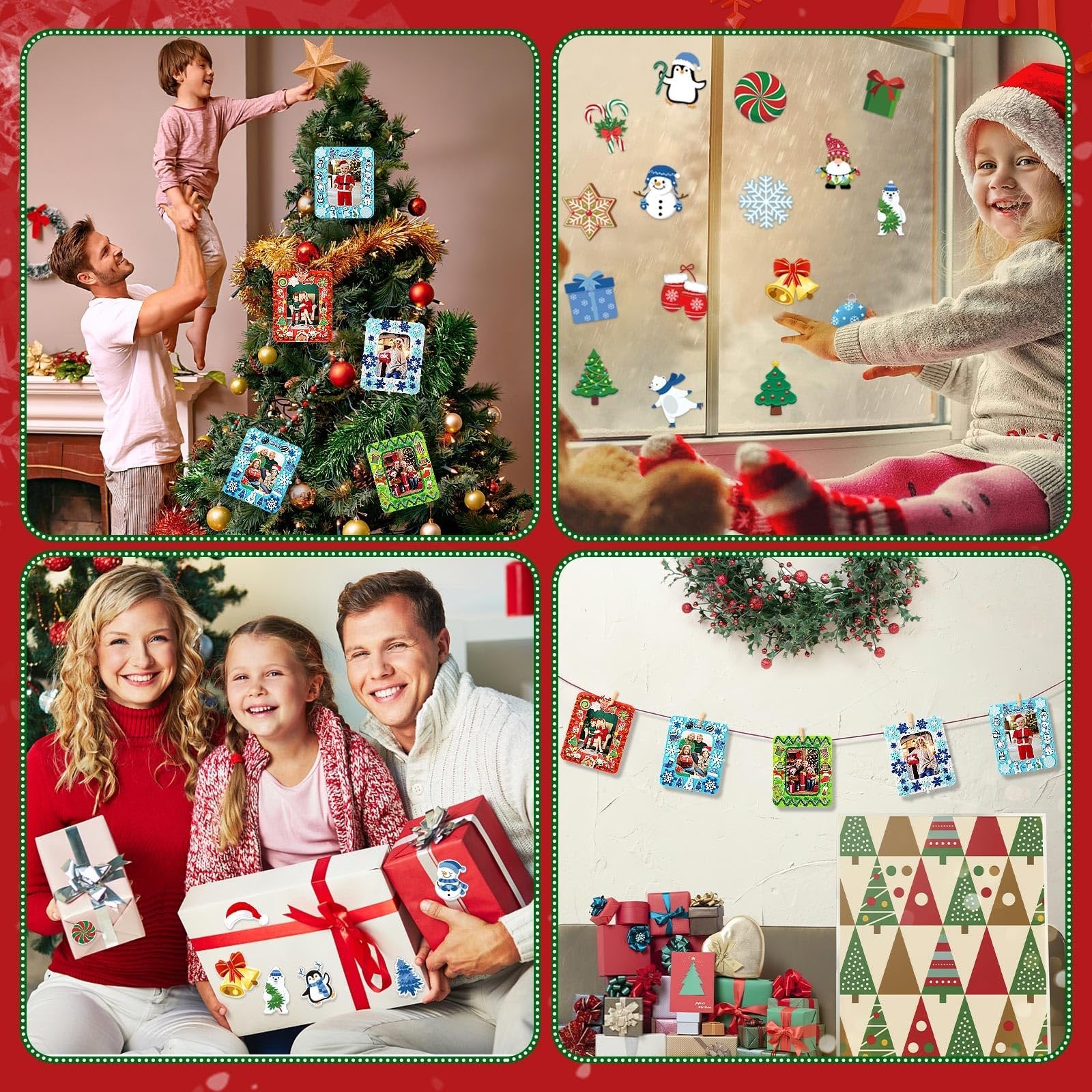 Collage of Christmas crafts: family decorating tree, child on window, family with gifts, and craft frames on a line.