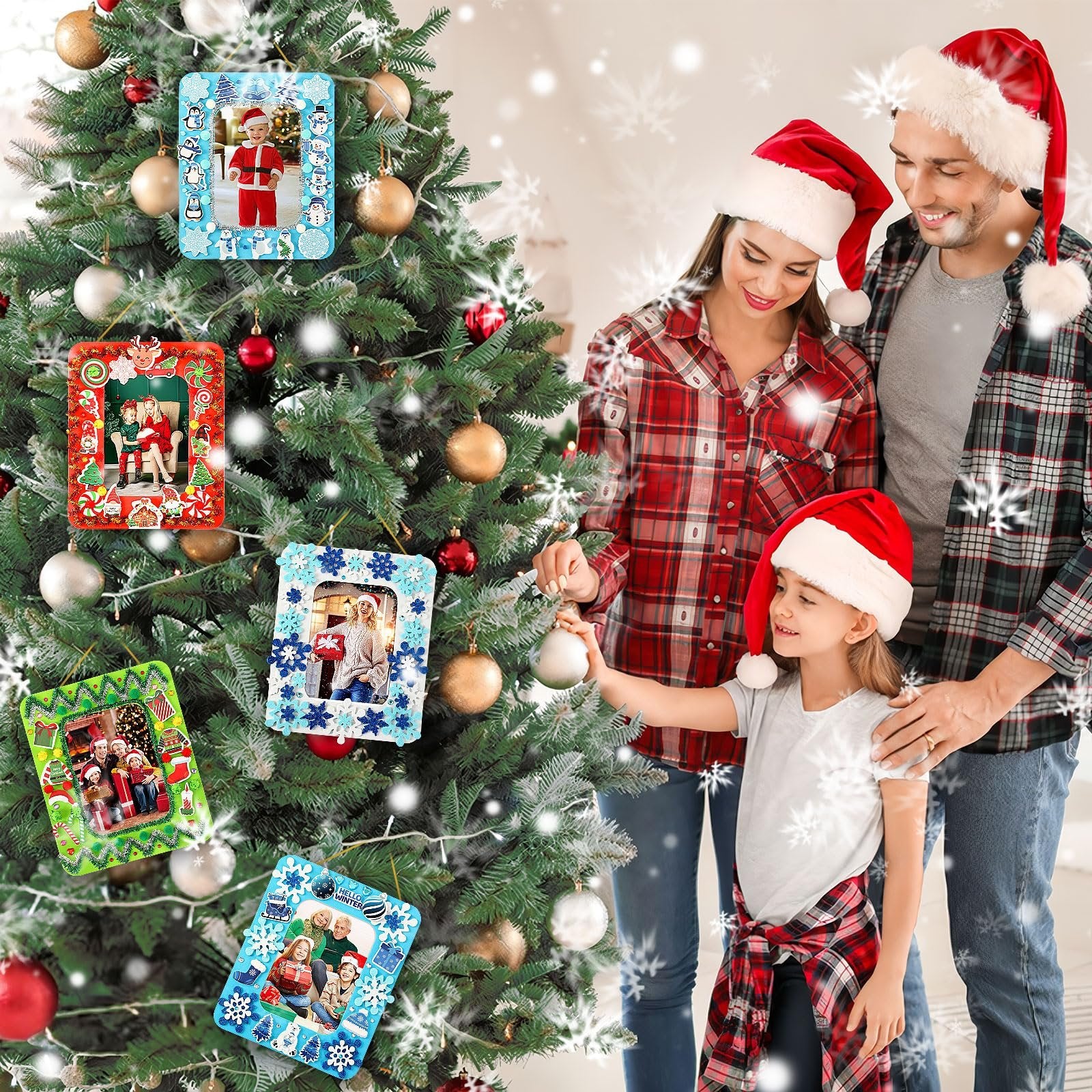 Family decorating a Christmas tree with DIY foam picture frames, some frames show photos of children and families.