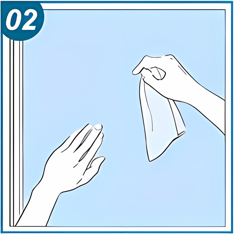 Illustration of two hands cleaning a window, one hand wiping with a cloth, the other reaching out. Number 02 is in a blue circle.