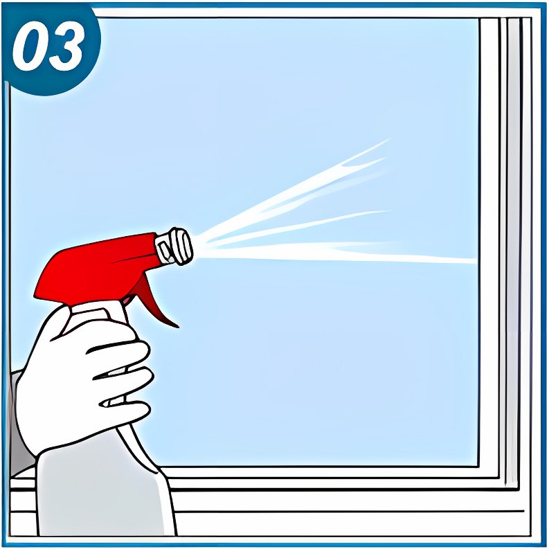 Hand in white glove spraying water from a red spray bottle onto a window pane, step 03