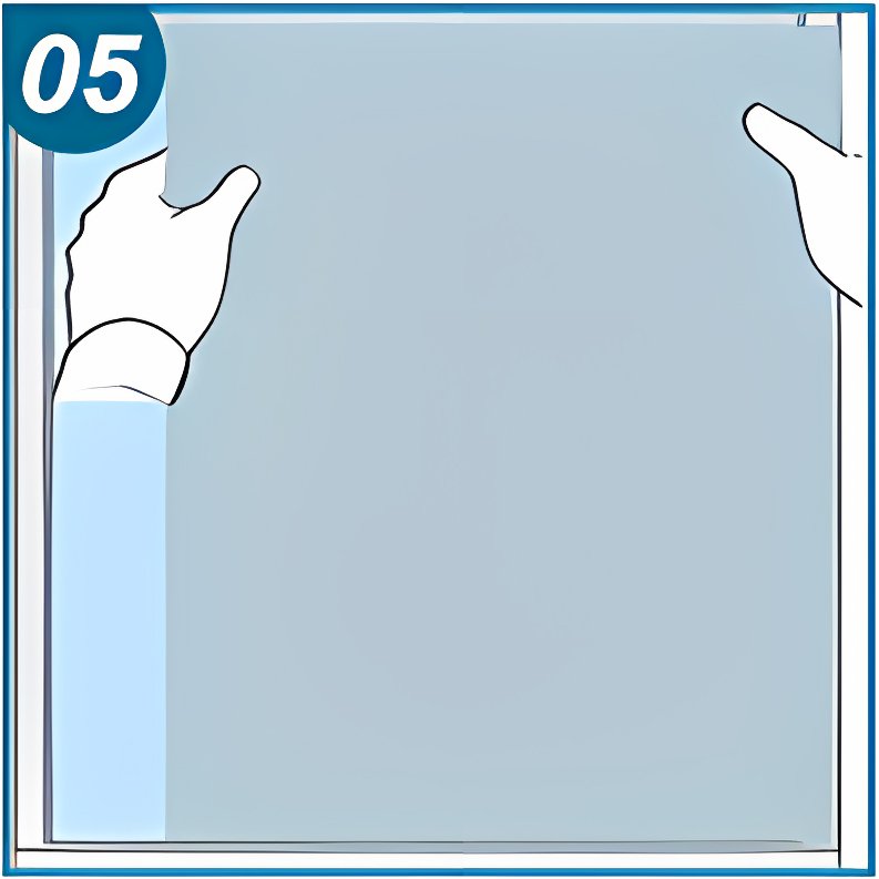 Illustration of hands applying a light blue privacy window film to a window pane, step 5