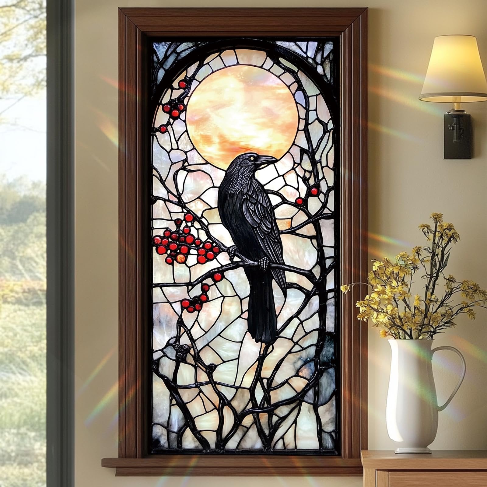 Gothic raven stained glass style window film on a window, featuring a raven perched on branches with red berries against a moonlit sky.