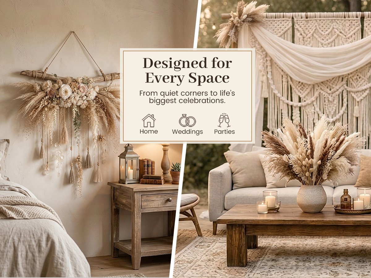 Boho dried pampas grass and floral wall hanging above a nightstand and a vase of pampas grass on a coffee table.