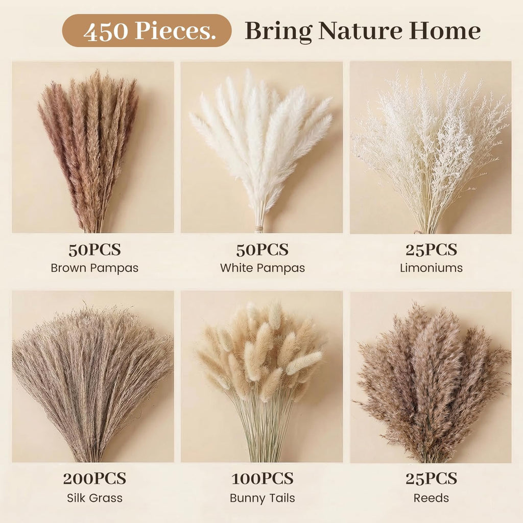 Collage of dried pampas grass, bunny tails, limoniums, and reeds in various colors and quantities.