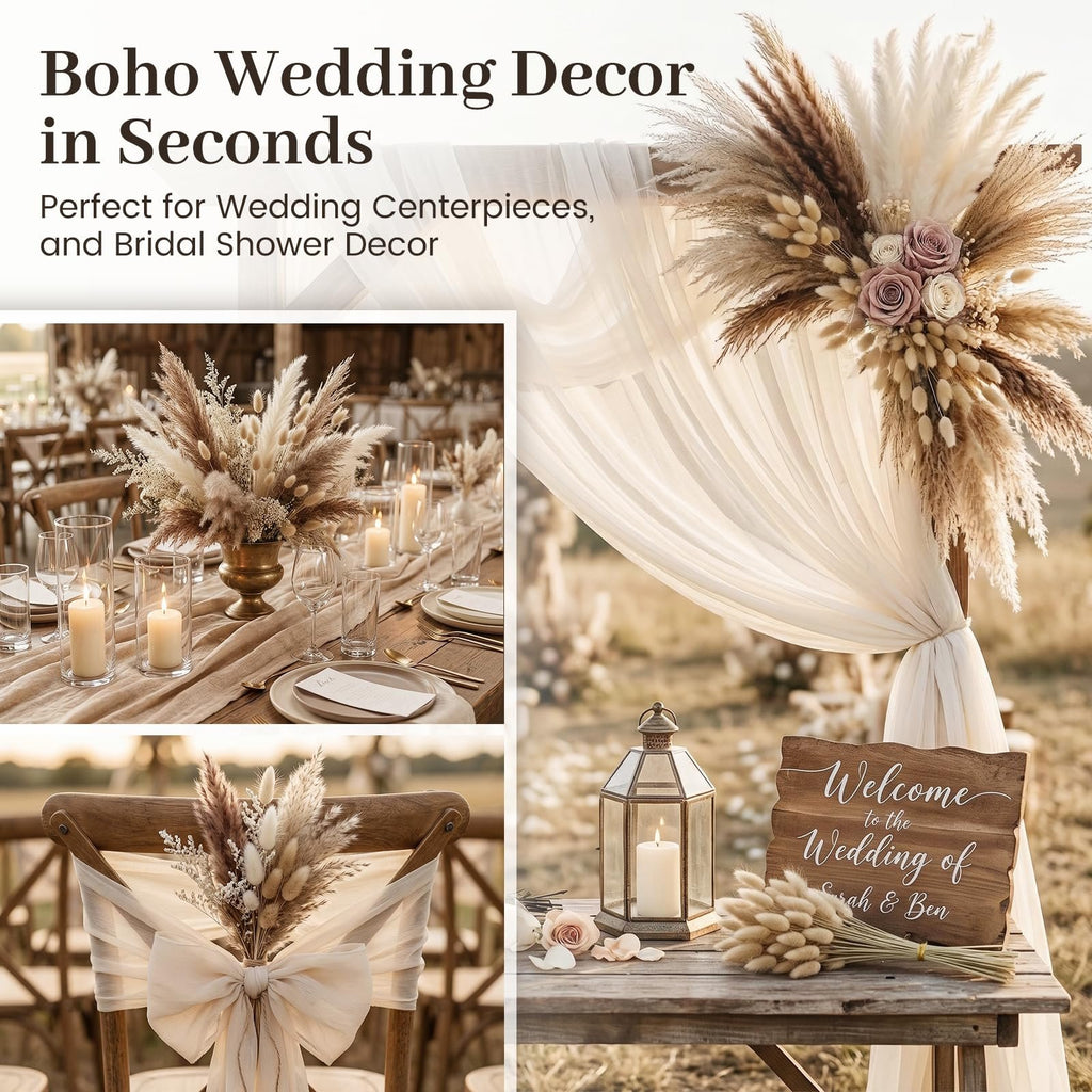 Collage of boho wedding decor featuring pampas grass arrangements on a table, chair, and archway.