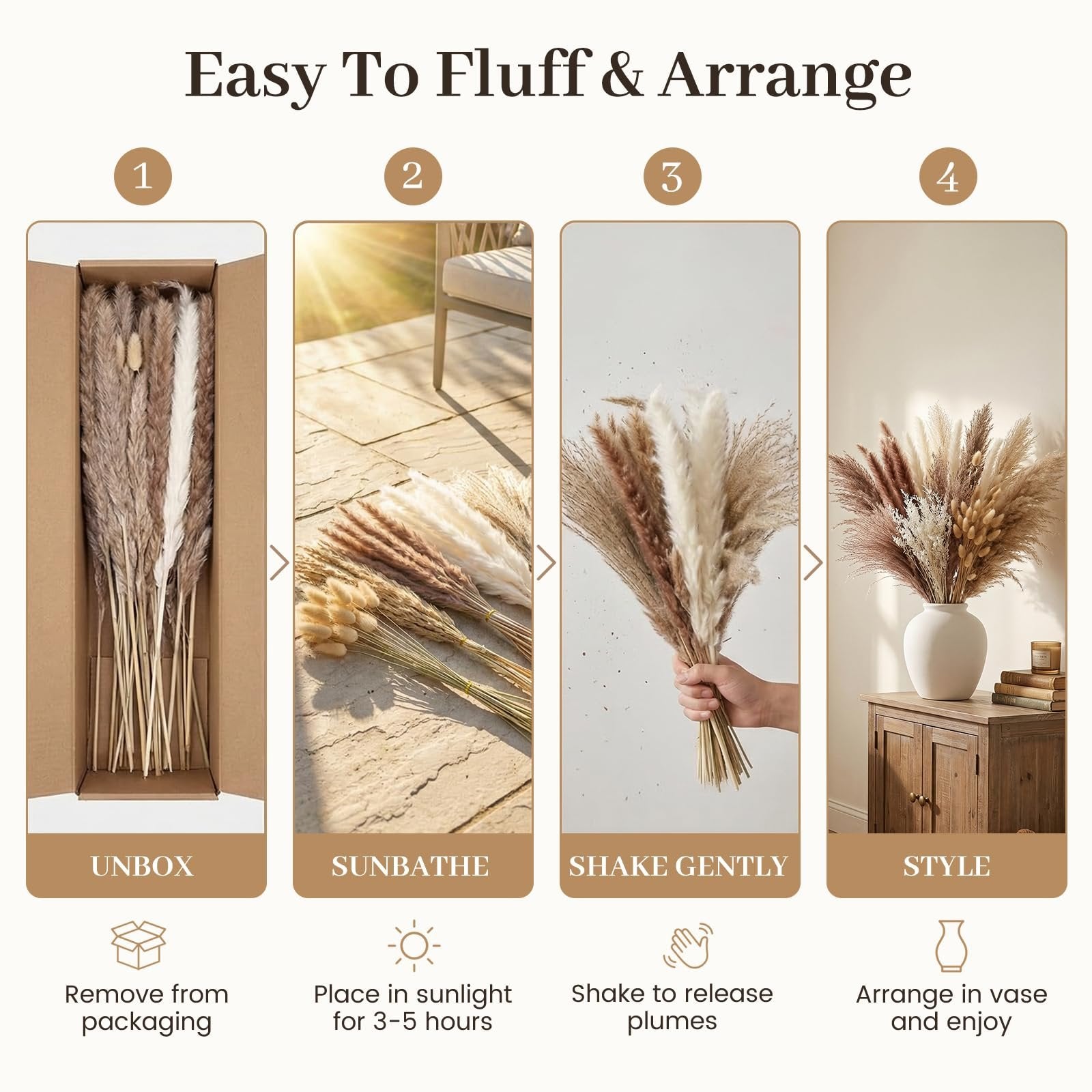 Four-panel graphic showing how to fluff and arrange dried pampas grass and bunny tail decor.