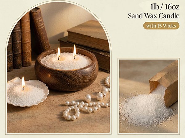 Two lit sand wax candles in wooden bowl and seashell, with loose sand and wicks shown in inset.