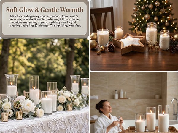 Collage of lifestyle images showing candles in various settings: a table setting with candles and flowers, a Christmas scene with candles, and a woman relaxing in a bathtub with candles.