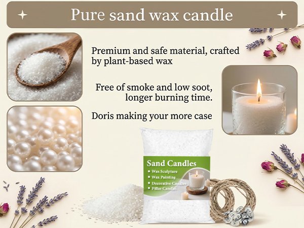 White candle sand in a wooden spoon and a glass jar with a lit candle, with decorative pearls and lavender sprigs.