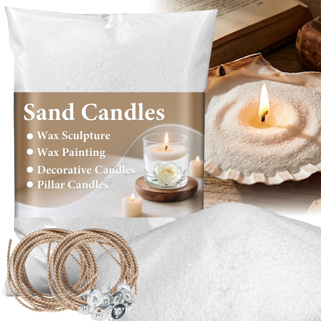 Bag of white candle sand with wick tabs and wicks, next to a lit candle in a shell and a glass candle holder.
