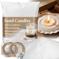 Bag of white candle sand with wick tabs and wicks, next to a lit candle in a shell and a glass candle holder.