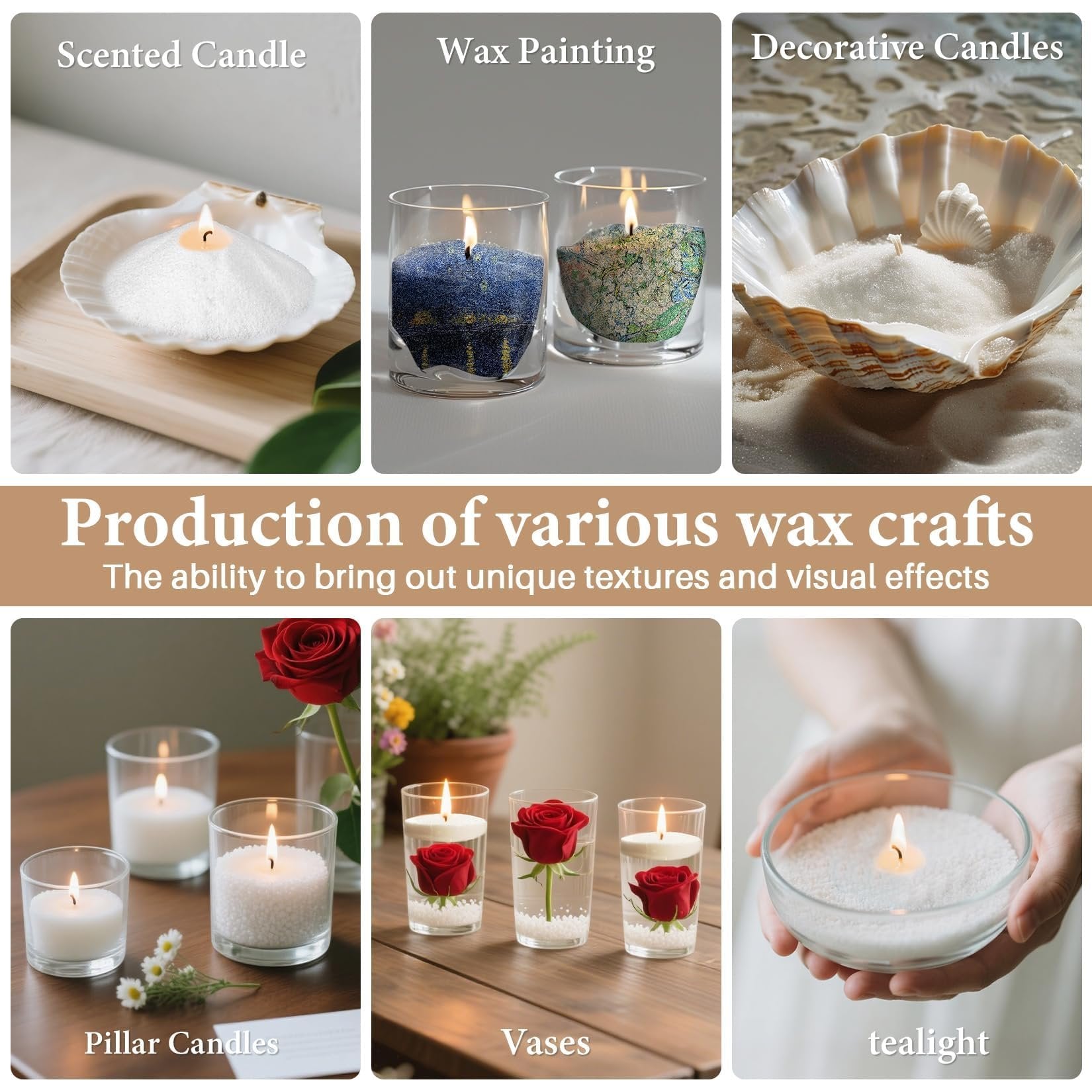 Collage of candle sand crafts: scented candle in shell, wax painting in glasses, decorative candle in shell, pillar candles, vases with roses, and tealight in hands.