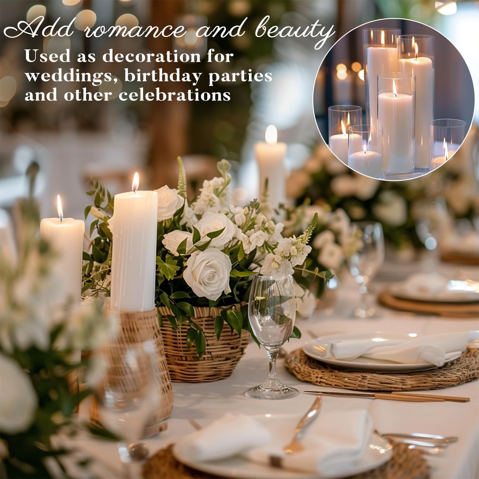 Table setting with white candles and floral arrangements, inset shows various pillar candles in glass cylinders.