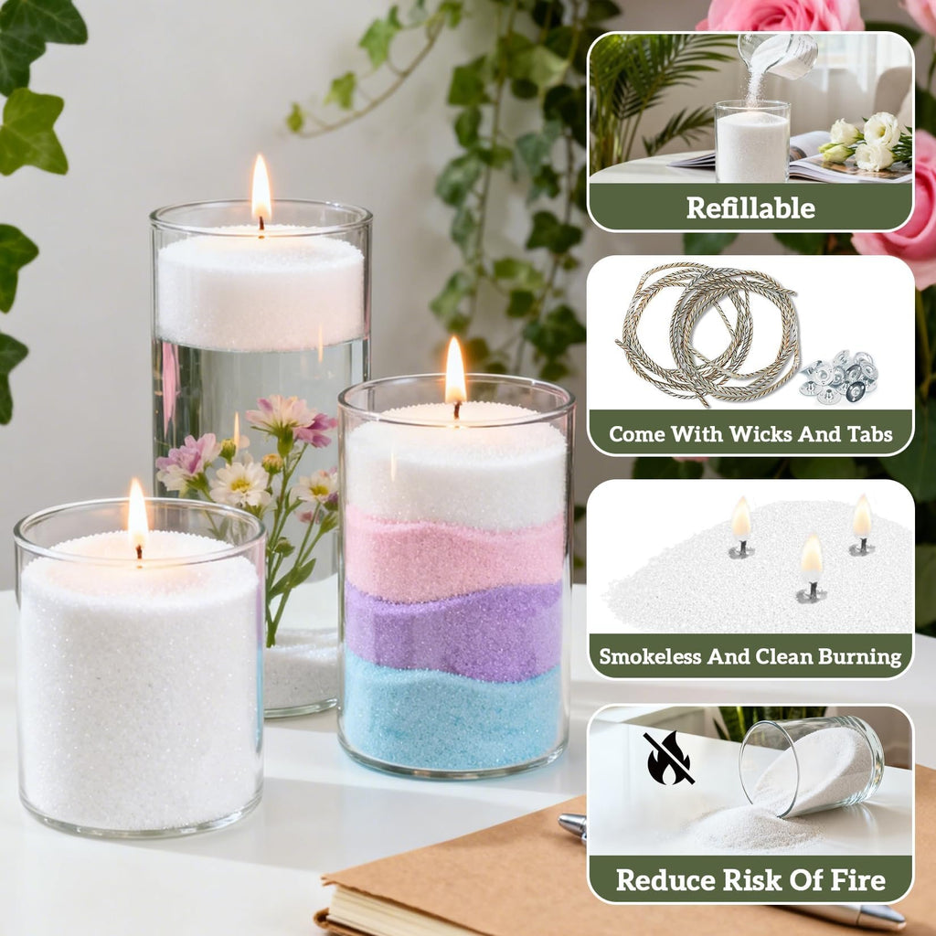 Three glass cylinders filled with white and colored candle sand, two with lit candles, one with flowers. Inset images show sand being poured, wicks and tabs, smokeless burning, and spilled sand.