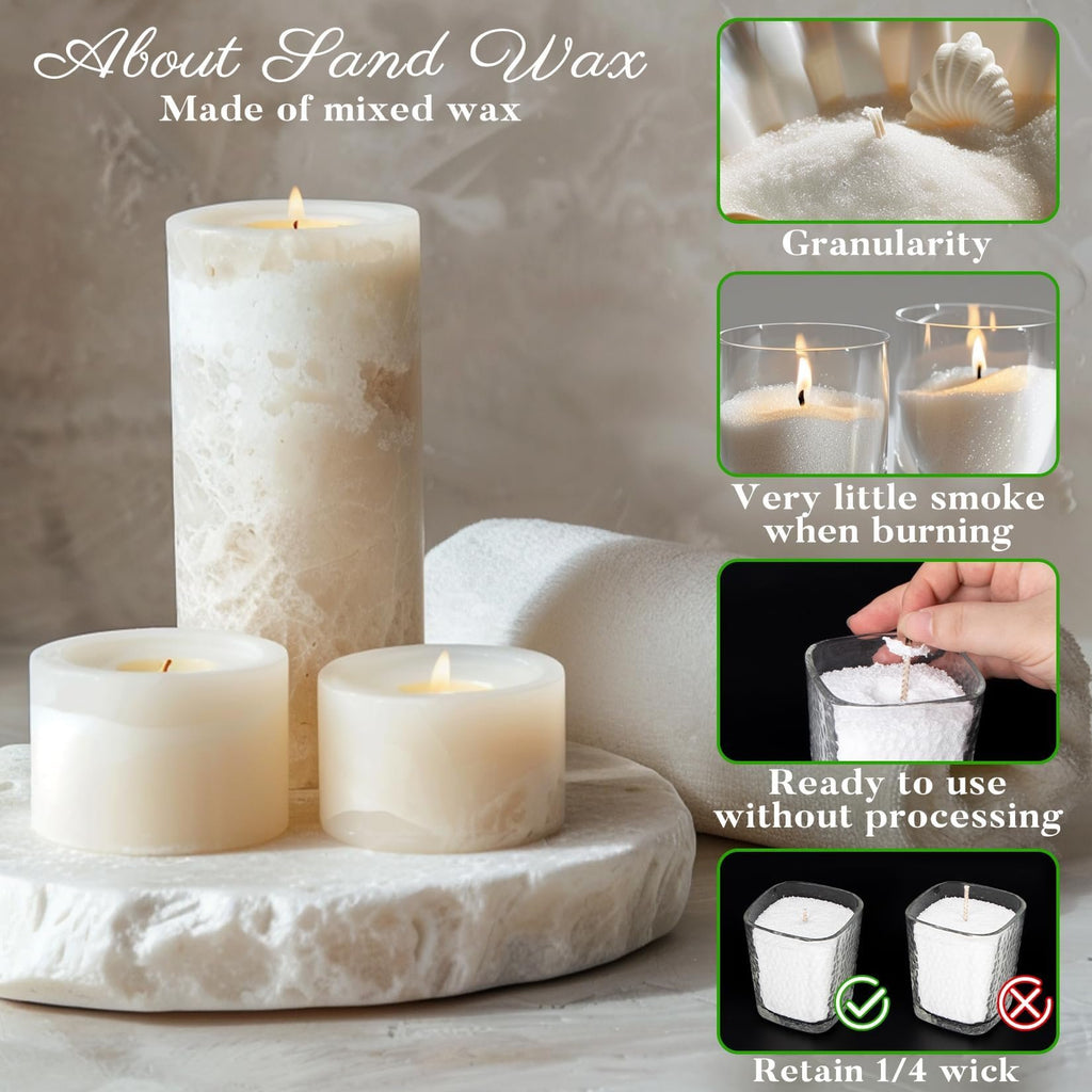 Three white pillar candles and sand wax in glass containers with text overlays about sand wax.