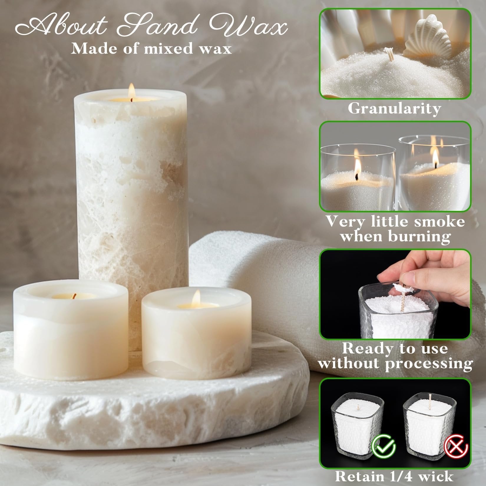 Three white pillar candles and sand wax in glass containers with text overlays about sand wax.