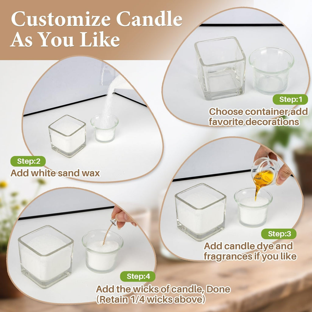 Collage showing four steps to customize candles: choosing containers, adding white sand wax, adding dye and fragrances, and inserting wicks.
