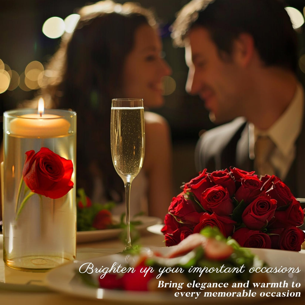 Romantic dinner setting with a floating candle in a vase, champagne flute, and rose bouquet, with text overlays.
