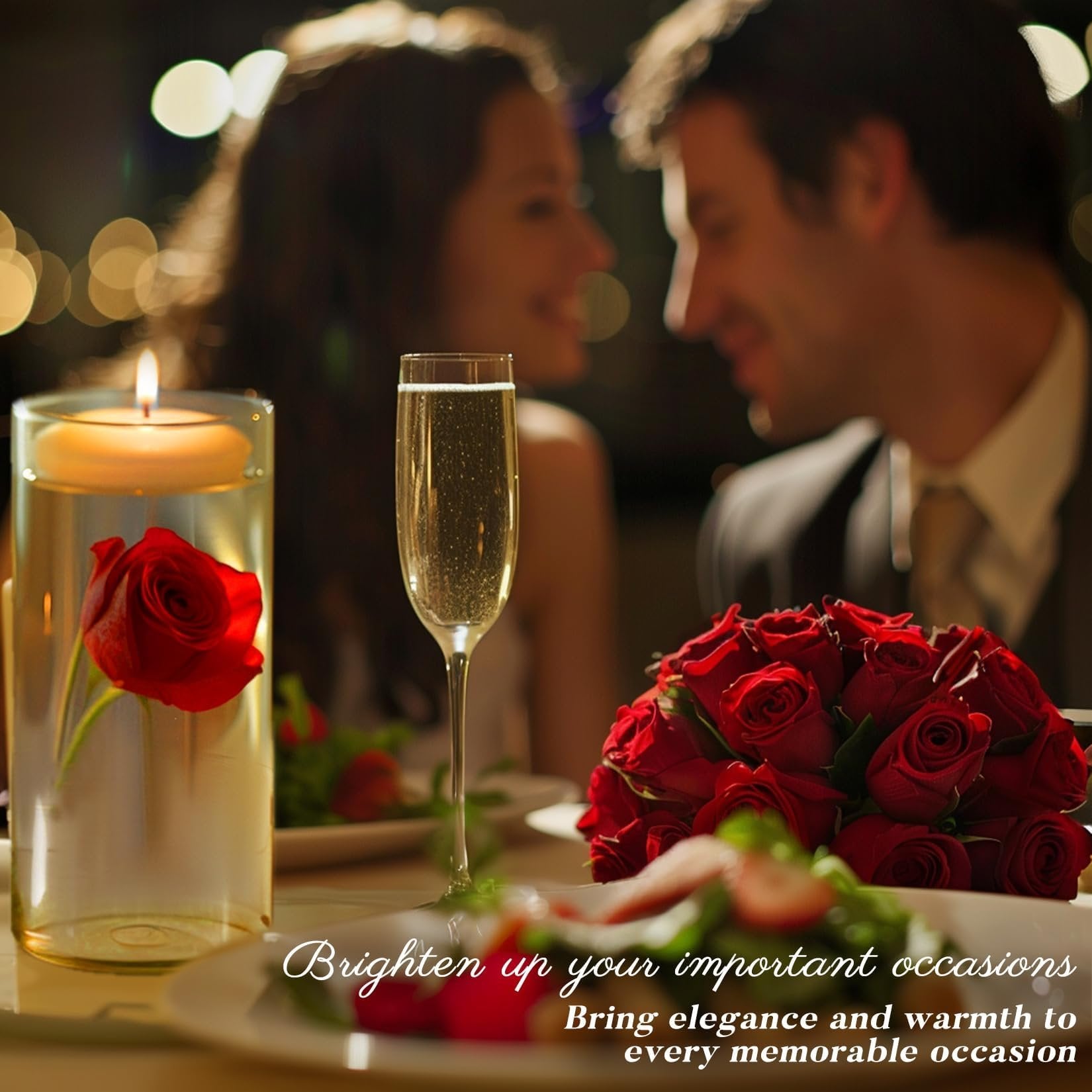 Romantic dinner setting with a floating candle in a vase, champagne flute, and rose bouquet, with text overlays.