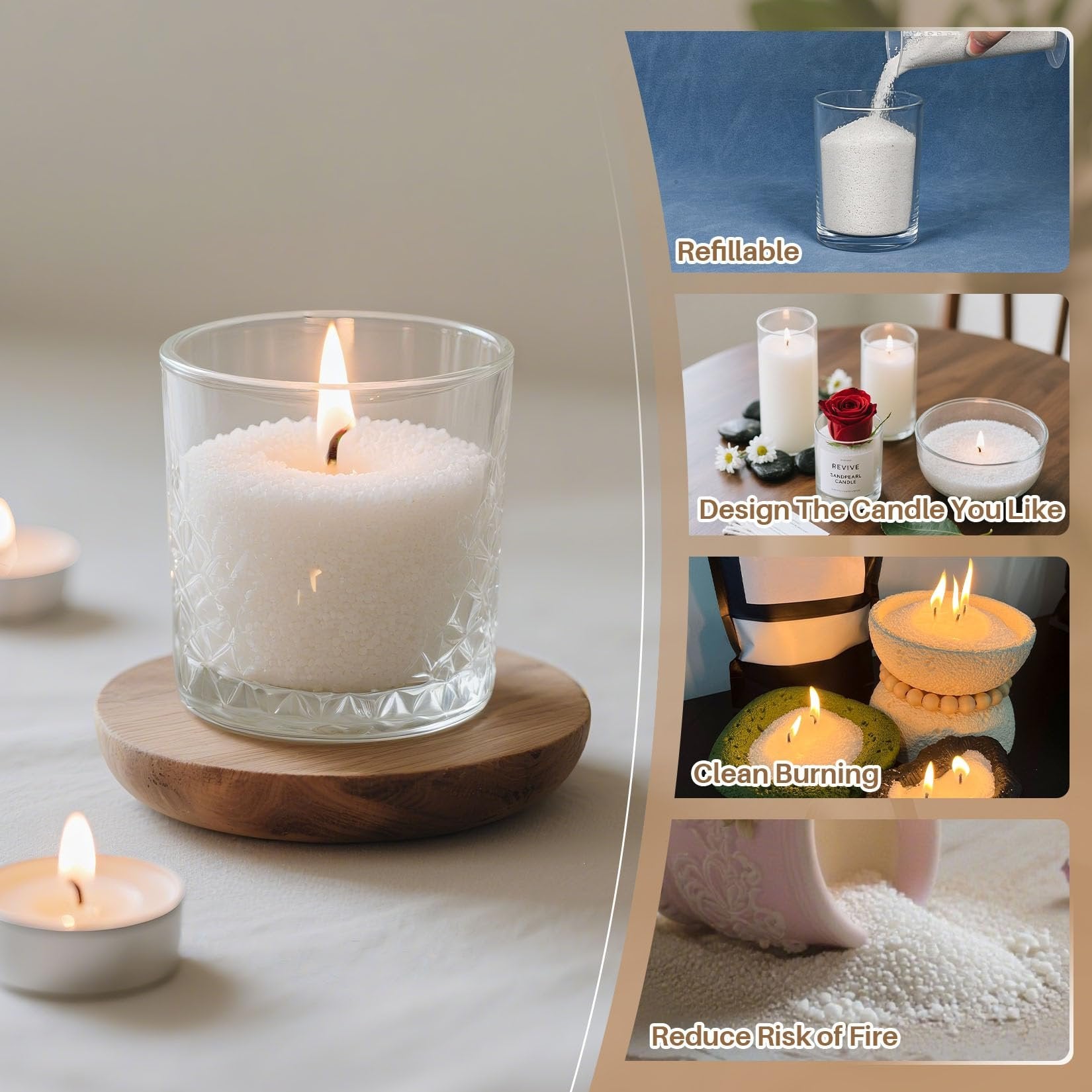 Candle sand in a glass jar with a lit wick, surrounded by tea lights on a white surface.