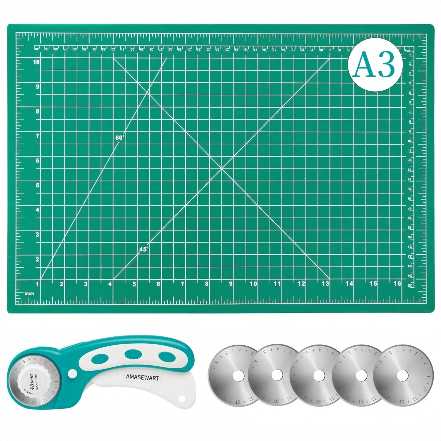 Turquoise rotary cutter, five replacement blades, and a green self-healing cutting mat with grid lines and measurements.