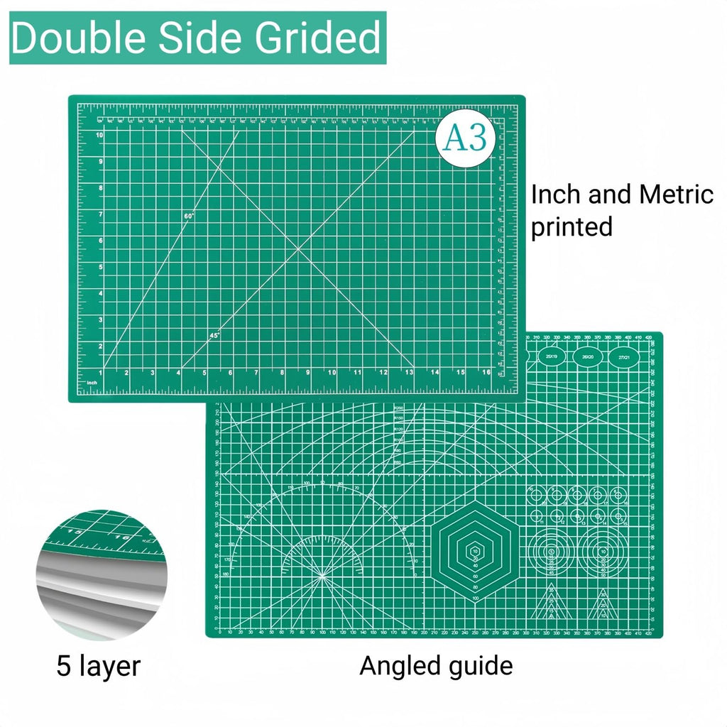 Green self-healing cutting mat with inch and centimeter grids, angled guides, and circular templates. Includes inset showing 5 layers and a separate smaller mat.