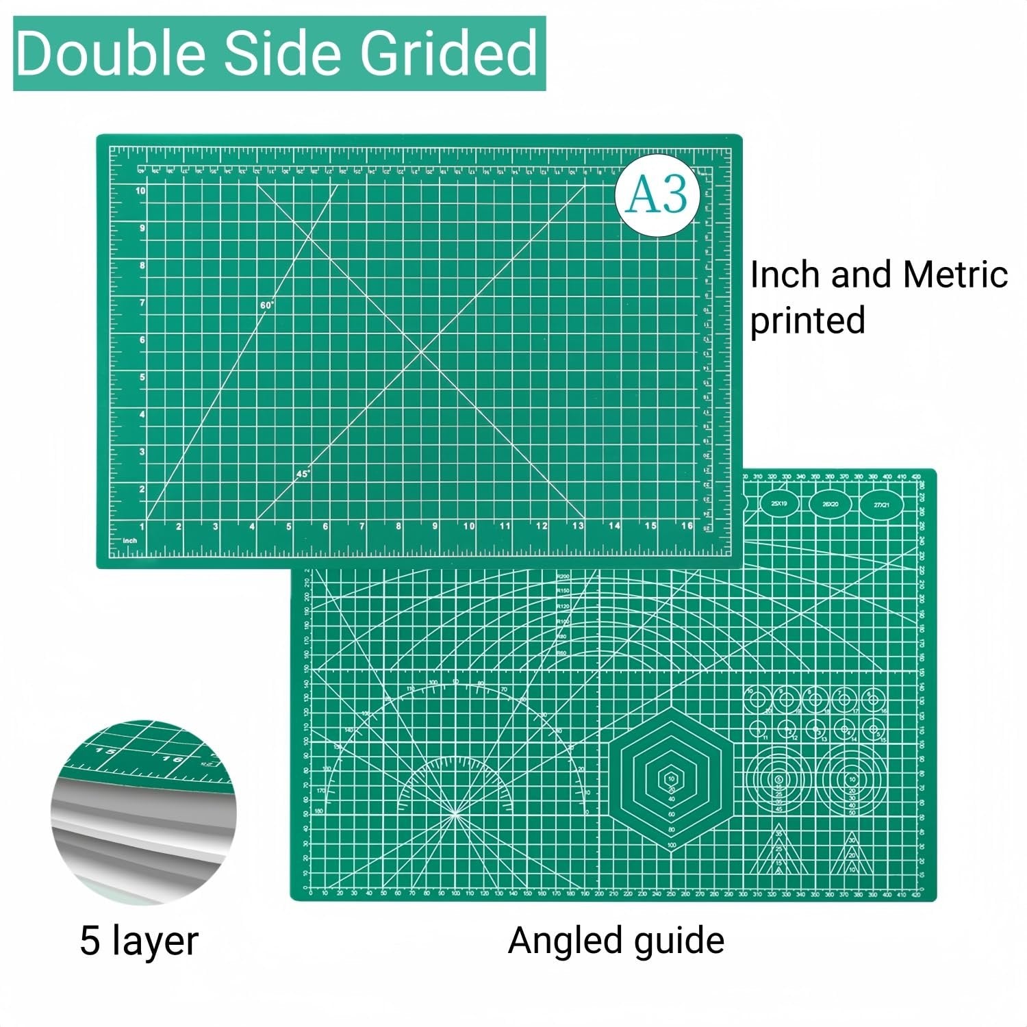 Green self-healing cutting mat with inch and centimeter grids, angled guides, and circular templates. Includes inset showing 5 layers and a separate smaller mat.