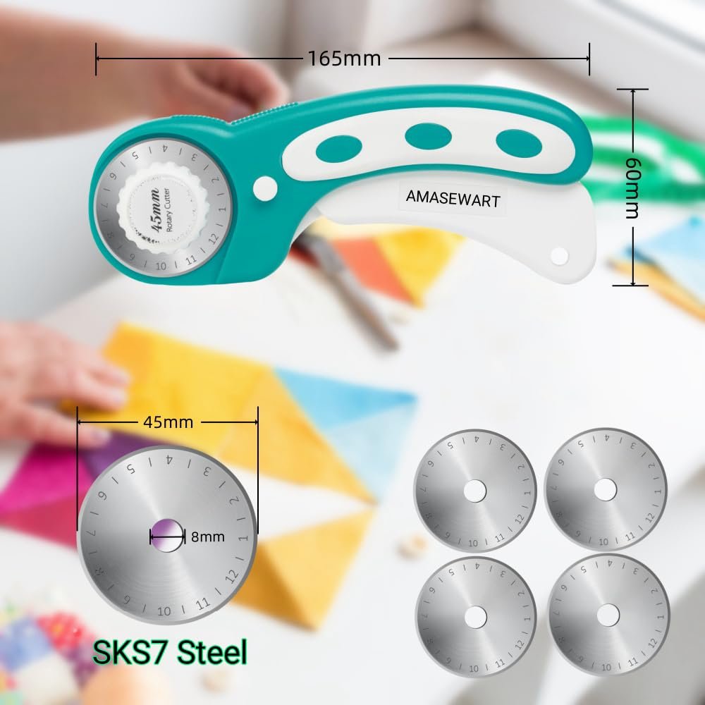 Turquoise 45mm rotary cutter with measurements and branding, shown with replacement blades and SKS7 Steel label.