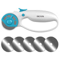 White and blue 45mm rotary cutter with five replacement blades on a white background