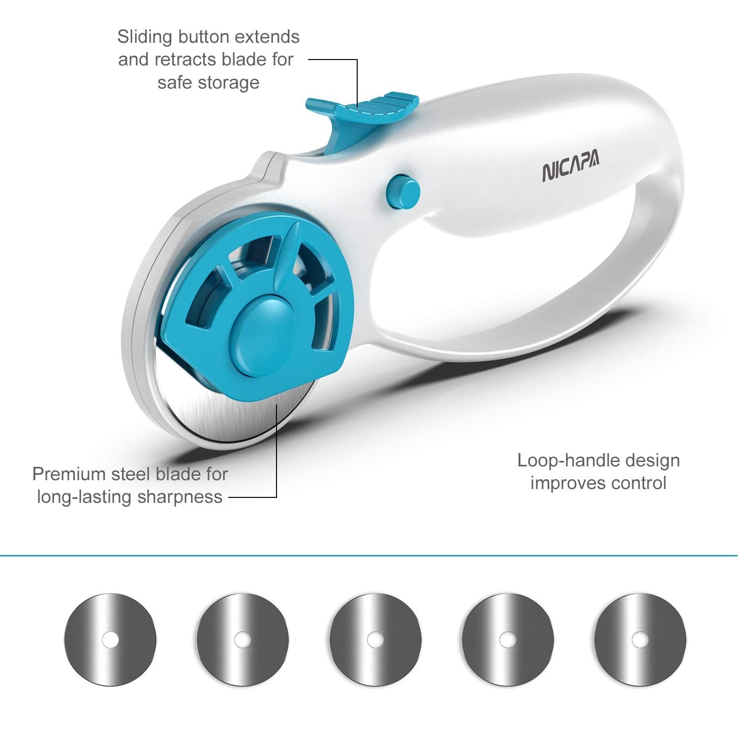 White and blue rotary cutter with five replacement blades shown below. Text highlights features.