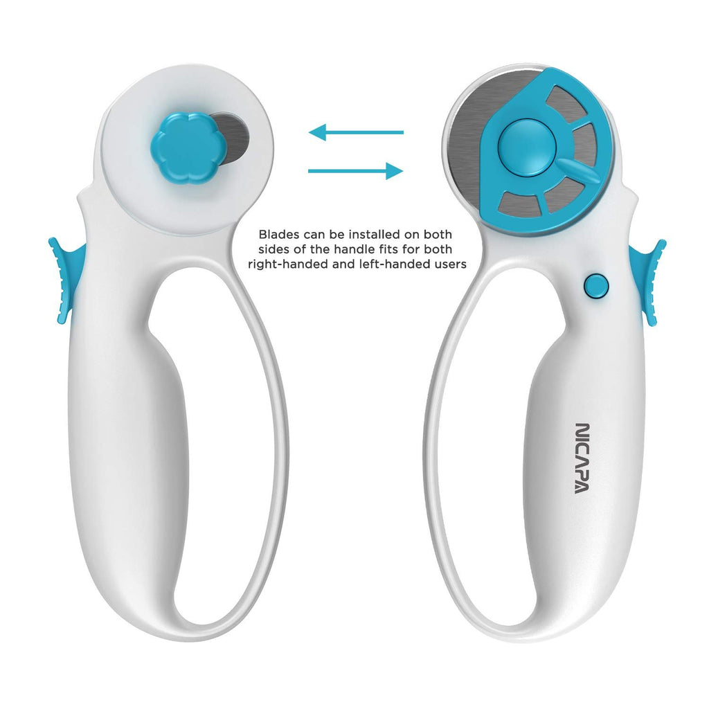 Rotary cutter for fabric shown from two angles, demonstrating ambidextrous handle design with text overlay.