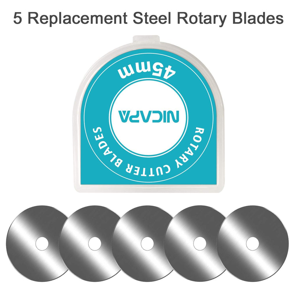 Five 45mm rotary cutter replacement blades in a clear plastic case with blue label
