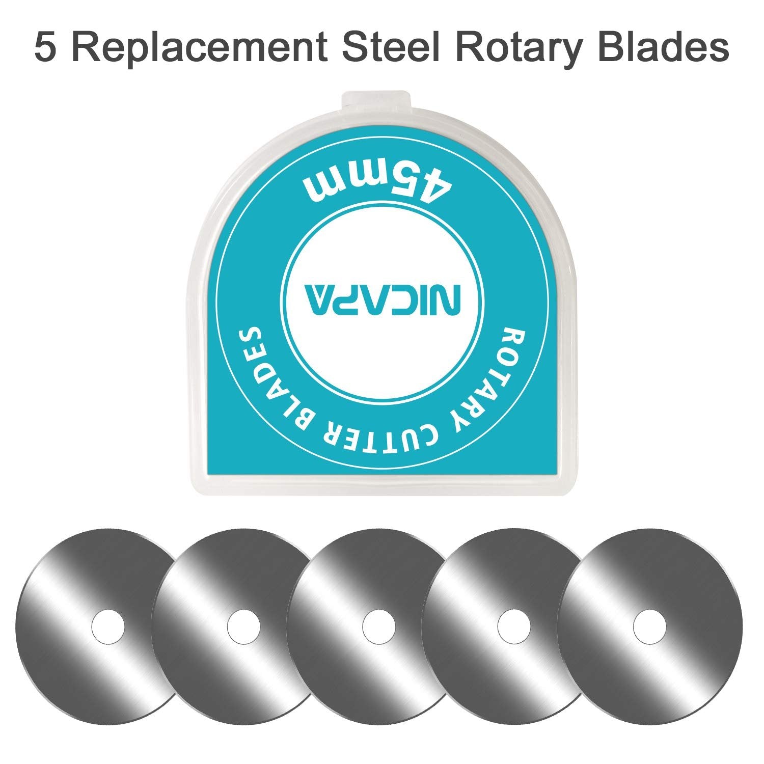 Five 45mm rotary cutter replacement blades in a clear plastic case with blue label