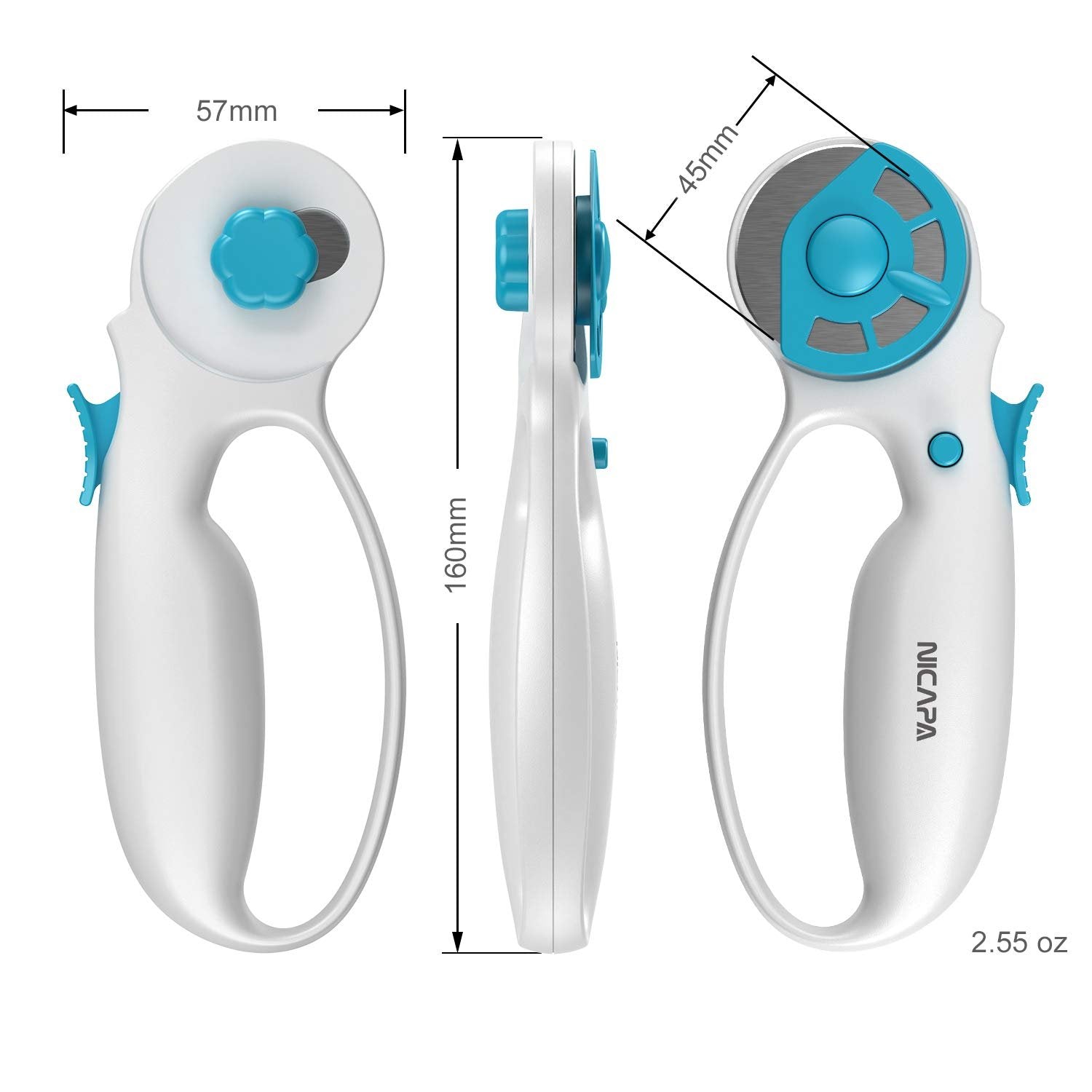 Rotary cutter for fabric shown from three angles with dimensions and weight indicated.