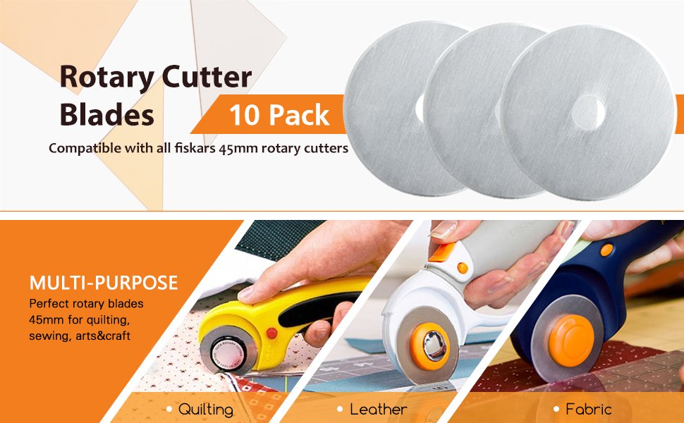 Three 45mm rotary cutter blades shown from above, with a graphic overlay detailing product features and applications.