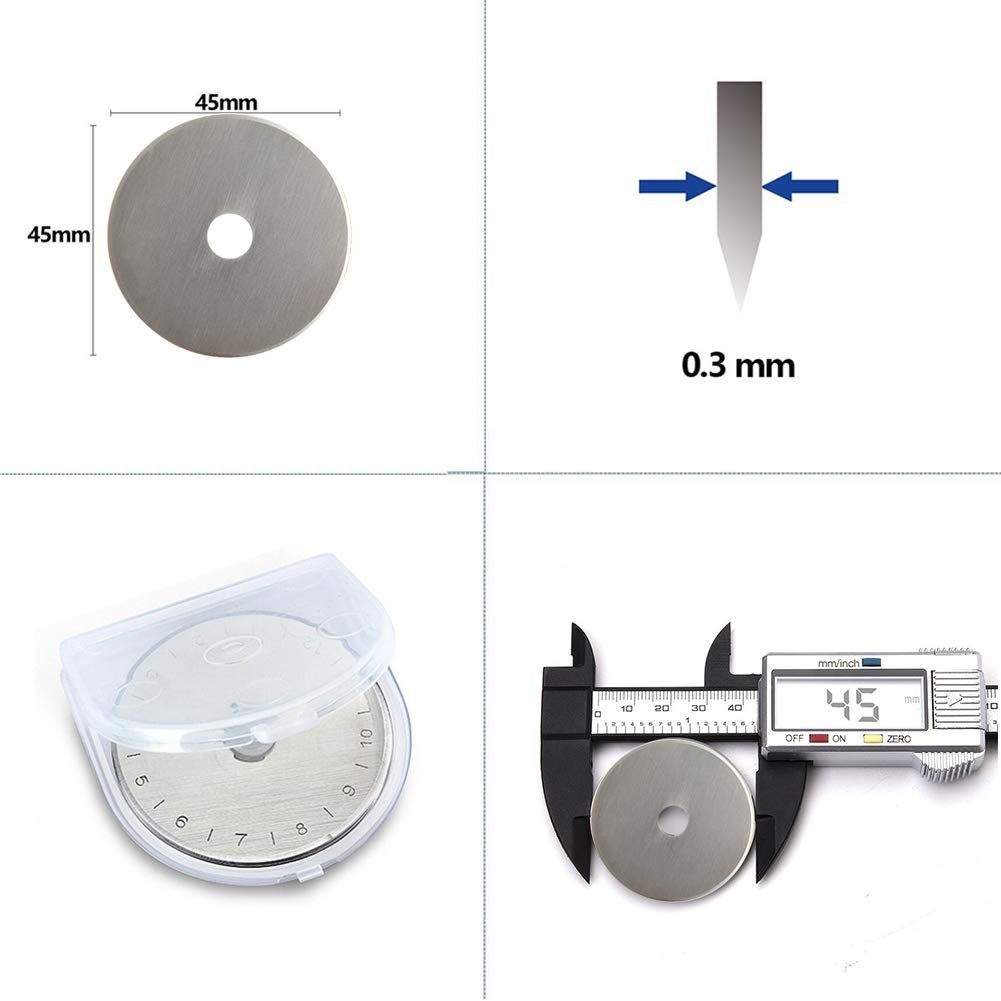 Four images showing a 45mm rotary cutter blade, its dimensions, thickness, and measurement with a digital caliper.