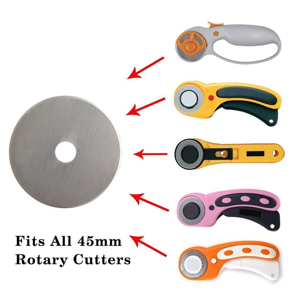 A single 45mm rotary cutter blade shown next to five different rotary cutter handles with red arrows pointing from the blade to each handle.