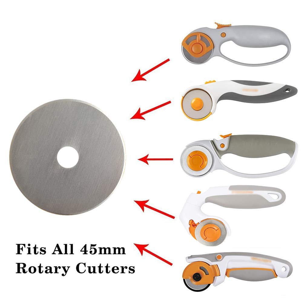 Single 45mm rotary cutter blade next to five different rotary cutter handles, with red arrows pointing from the blade to each handle.