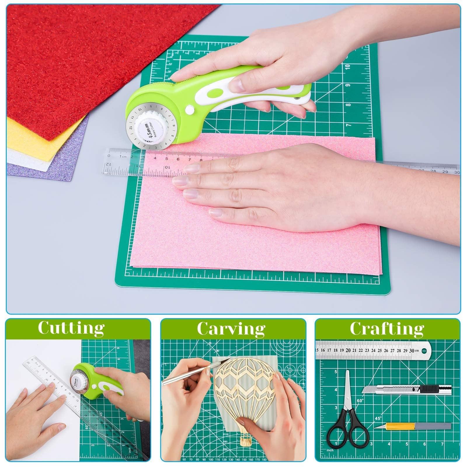 Hands using a green rotary cutter and ruler to cut pink fabric on a green cutting mat, with colorful fabric scraps nearby.