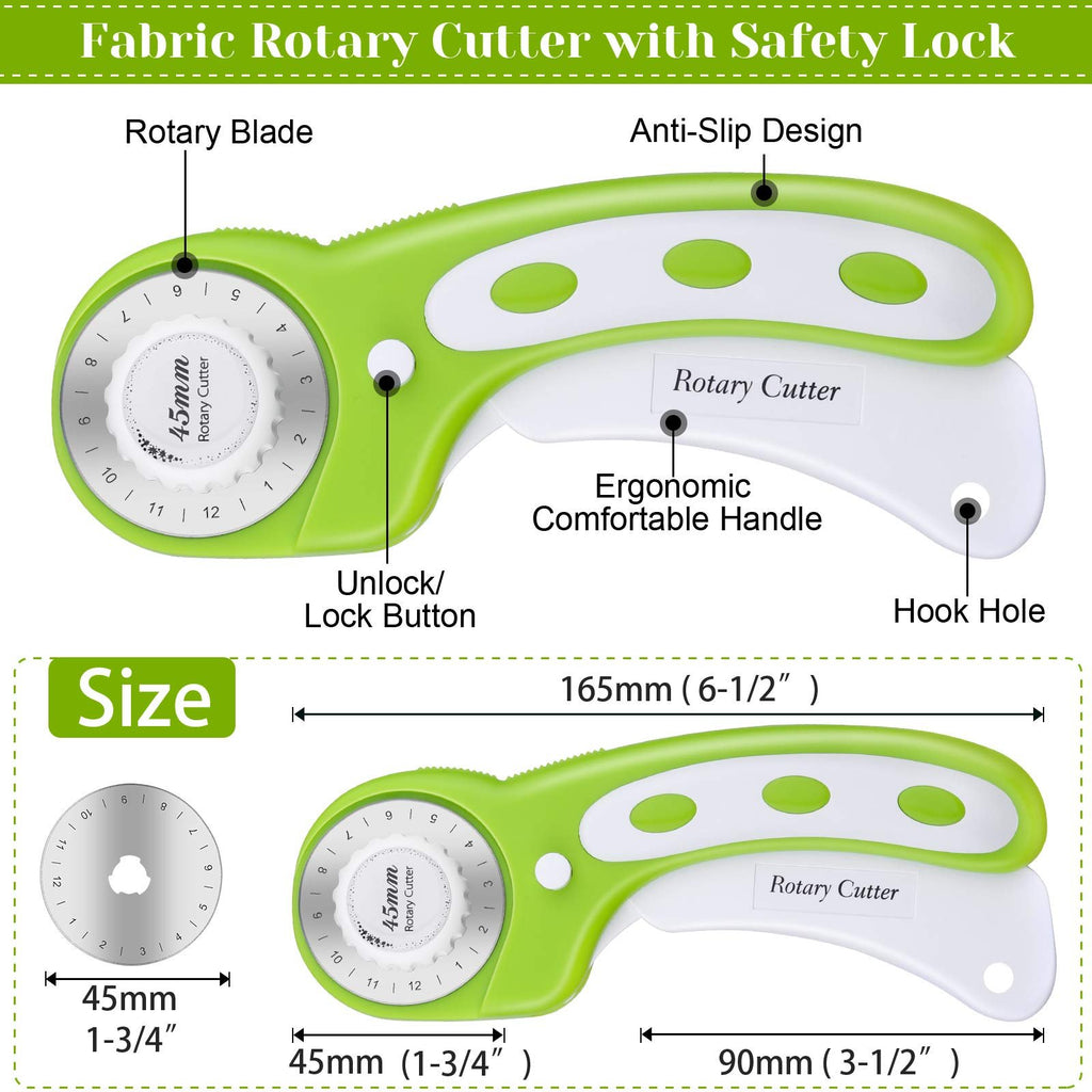 Two views of a green and white rotary cutter, one showing the blade and lock, the other showing size dimensions and measurements.