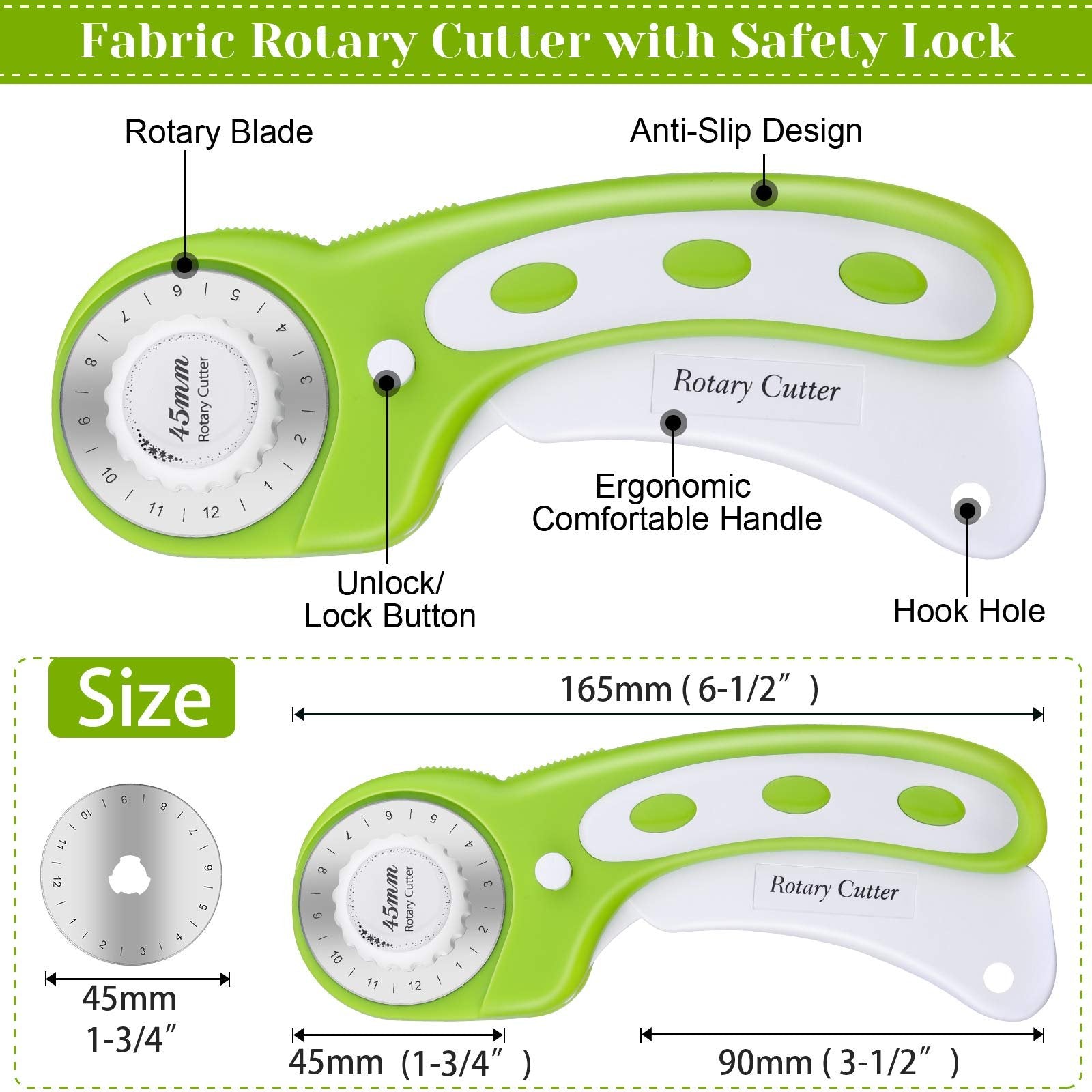Two views of a green and white rotary cutter, one showing the blade and lock, the other showing size dimensions and measurements.